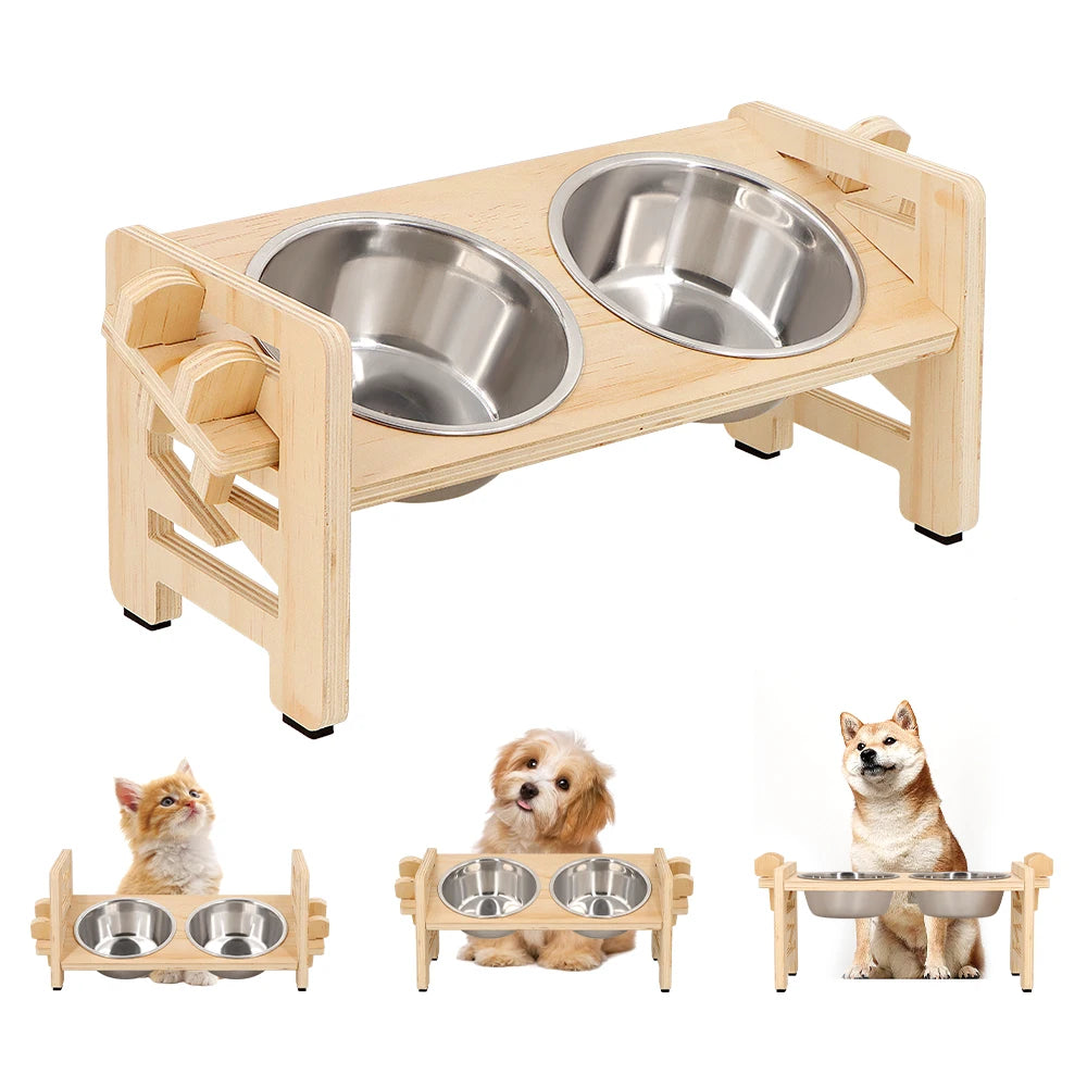 Gamelle surélevée réglable pour chiot et chat – Support incliné avec 2 bols en inox