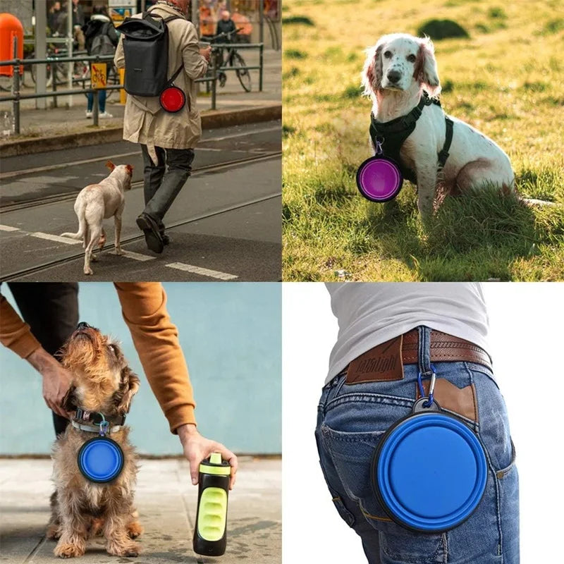 Gamelle pliable en silicone 2-en-1 pour chien et chat – Distributeur portable avec mousqueton pour voyage