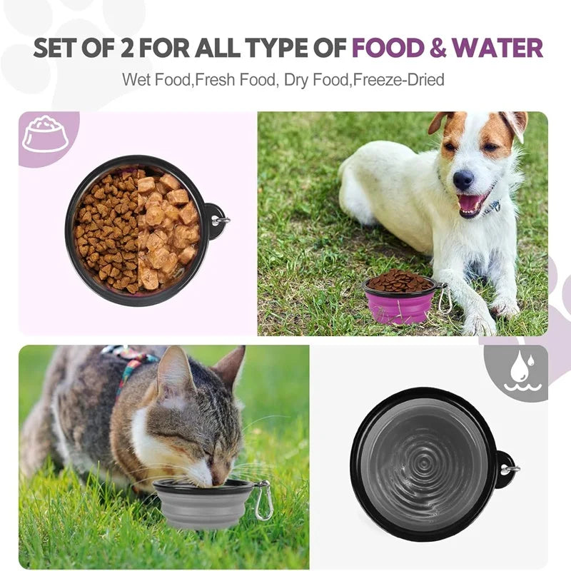 Gamelle pliable en silicone 2-en-1 pour chien et chat – Distributeur portable avec mousqueton pour voyage