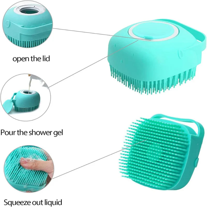 Brosse de bain en silicone avec distributeur de shampooing pour chien et chat
