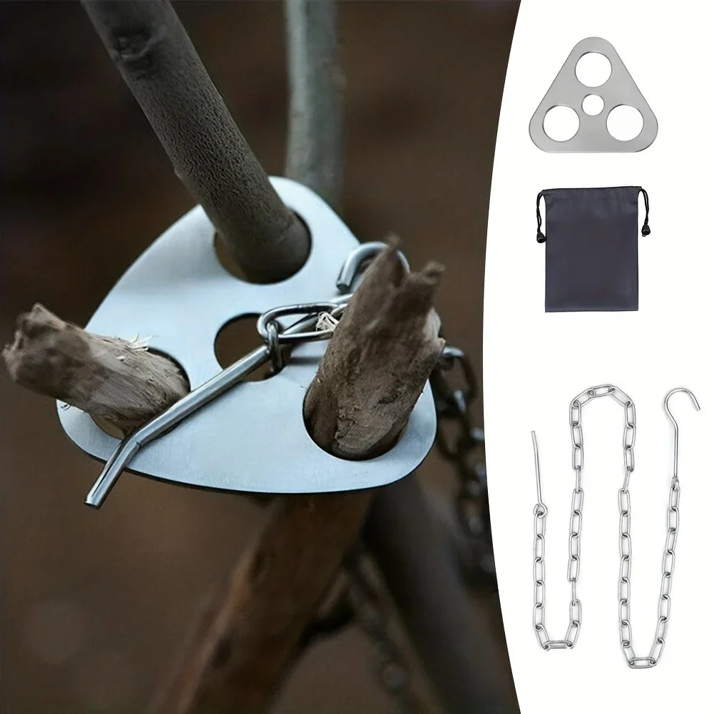 Trépied BBQ Camping en Inox – Support Suspendu Démontable pour Feu de Camp et Marmite