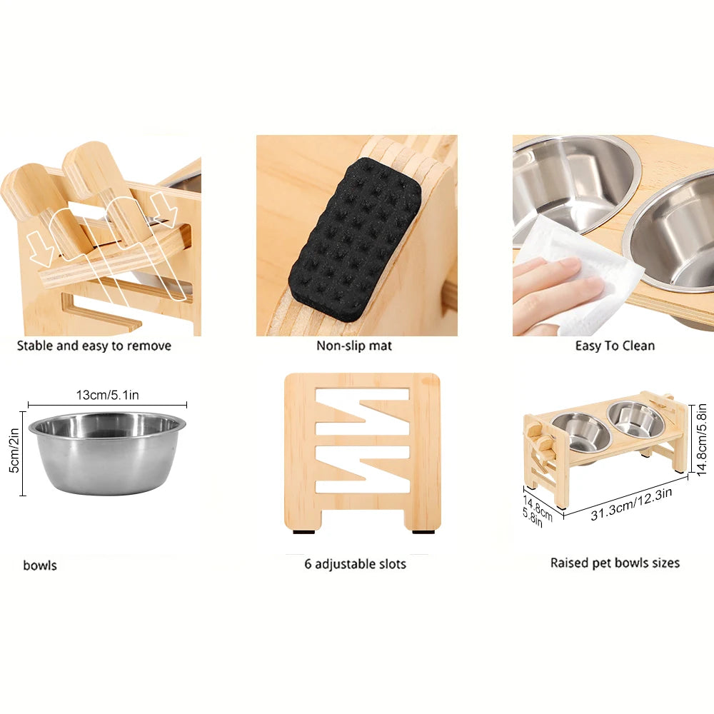 Gamelle surélevée réglable pour chiot et chat – Support incliné avec 2 bols en inox