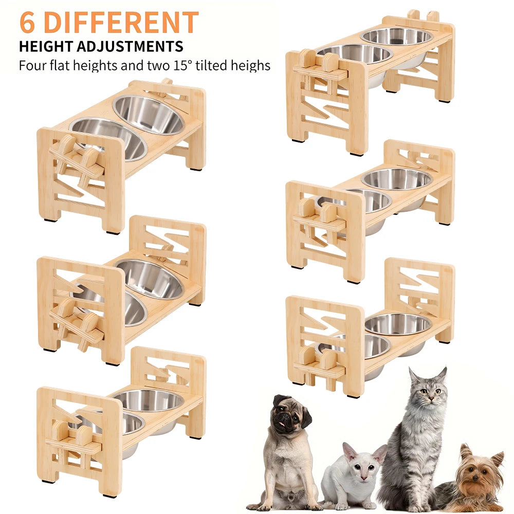 Gamelle surélevée réglable pour chiot et chat – Support incliné avec 2 bols en inox