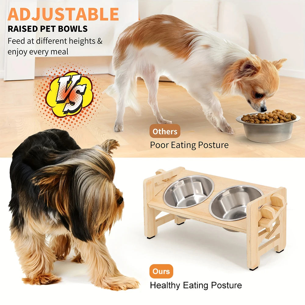 Gamelle surélevée réglable pour chiot et chat – Support incliné avec 2 bols en inox